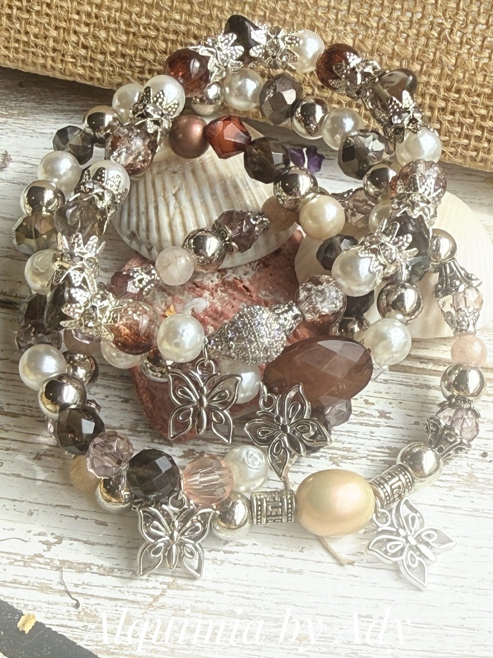 Smoky quartz +Brown, Cream & Silver Multi-Strand Butterfly Bracelet stack